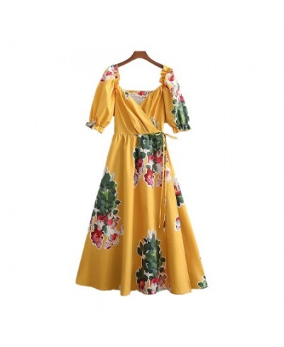 Female clothing New Fashion printing Lantern sleevevintage maxi dress V neck lacing chic and elegant woman dresses $48.93 - D...