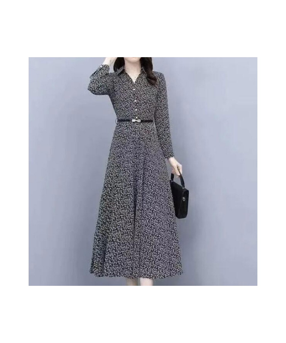 Broken Flowers Print Long Sleeve Spring Clothes Elegant Turn-down Collar Button Sashes Slim Mid-Calf Large Hem Dress for Wome...