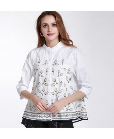 Women's Elegant spring autumn casual loose 100% cotton white shirt lady's vintage national embroidery blouse Tees TB558 $71.9...