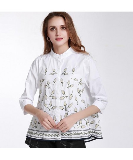 Women's Elegant spring autumn casual loose 100% cotton white shirt lady's vintage national embroidery blouse Tees TB558 $71.9...