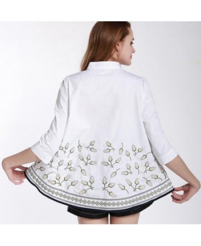 Women's Elegant spring autumn casual loose 100% cotton white shirt lady's vintage national embroidery blouse Tees TB558 $71.9...