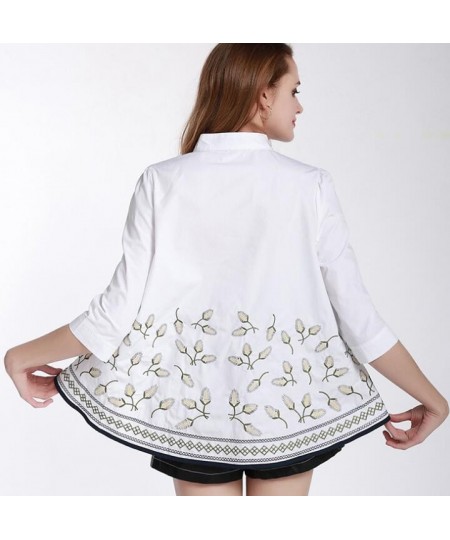 Women's Elegant spring autumn casual loose 100% cotton white shirt lady's vintage national embroidery blouse Tees TB558 $71.9...