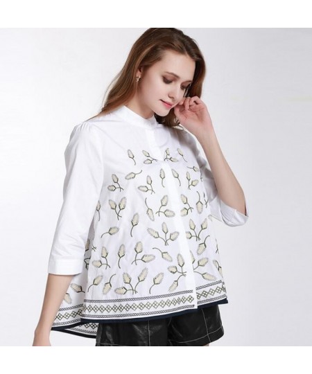 Women's Elegant spring autumn casual loose 100% cotton white shirt lady's vintage national embroidery blouse Tees TB558 $71.9...