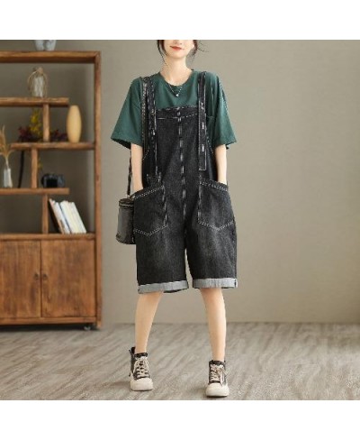 Streetwear Solid Color Artistic Denim Overalls Women's Summer Fashion Sleeveless Adjustable Wide Leg Straight Knee Length $64...