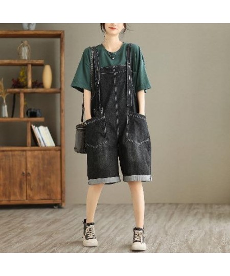 Streetwear Solid Color Artistic Denim Overalls Women's Summer Fashion Sleeveless Adjustable Wide Leg Straight Knee Length $64...