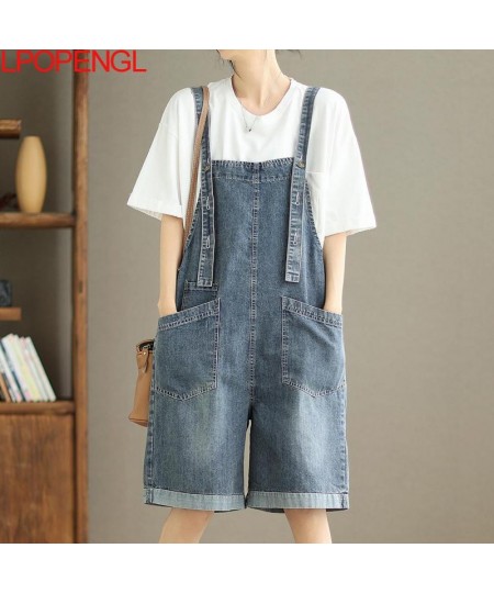 Streetwear Solid Color Artistic Denim Overalls Women's Summer Fashion Sleeveless Adjustable Wide Leg Straight Knee Length $64...