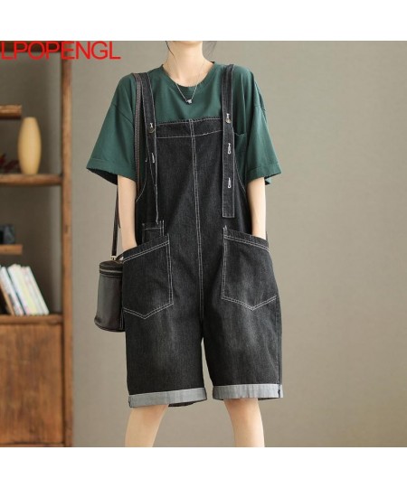 Streetwear Solid Color Artistic Denim Overalls Women's Summer Fashion Sleeveless Adjustable Wide Leg Straight Knee Length $64...