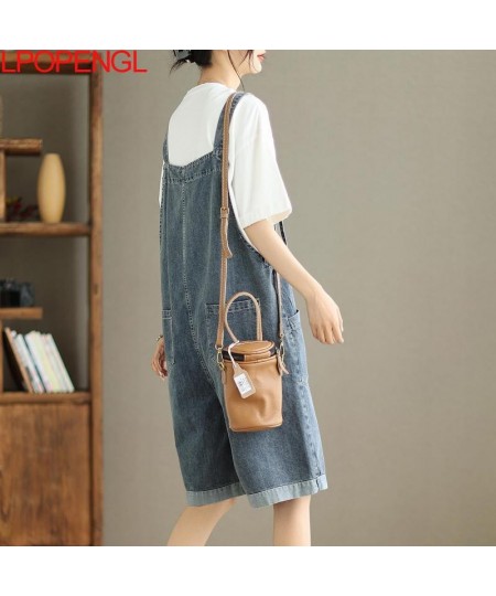 Streetwear Solid Color Artistic Denim Overalls Women's Summer Fashion Sleeveless Adjustable Wide Leg Straight Knee Length $64...