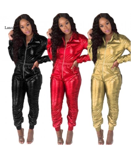 Sexy Long Sleeved Women Jumpsuit Open Crotch Leotard Bright Leather Tight-fitting Lapel Jumpsuit Zipper Bodysuit $58.76 - Jum...