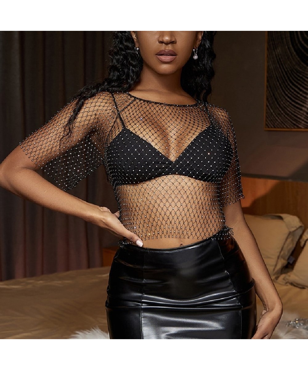 Shiny Crystal Hollow Out Fishnet Grid T Shirt Female Sexy Glitter Rhienstone Short sleeve O Neck Nightclub Party Jewelry 2023...