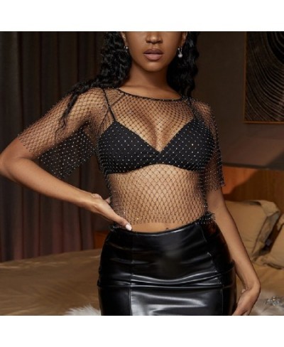 Shiny Crystal Hollow Out Fishnet Grid T Shirt Female Sexy Glitter Rhienstone Short sleeve O Neck Nightclub Party Jewelry 2023...