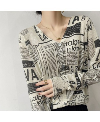 2023 New V-Neck Knitted Cardigan Women Loose Short Letter Sweater Printed Bright Silk Fine Imitation Wool Thin Coat $49.28 - ...