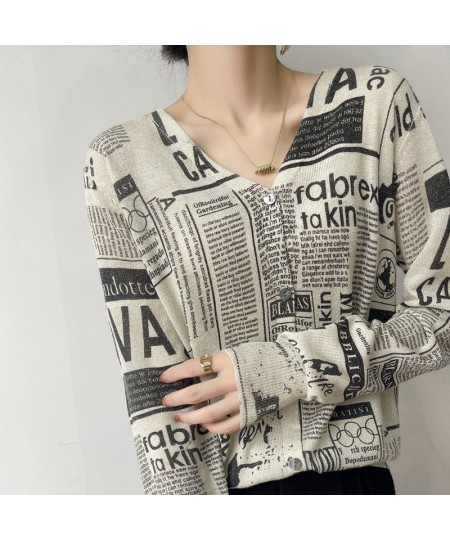 2023 New V-Neck Knitted Cardigan Women Loose Short Letter Sweater Printed Bright Silk Fine Imitation Wool Thin Coat $49.28 - ...