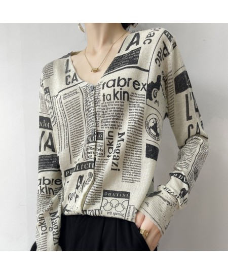 2023 New V-Neck Knitted Cardigan Women Loose Short Letter Sweater Printed Bright Silk Fine Imitation Wool Thin Coat $49.28 - ...