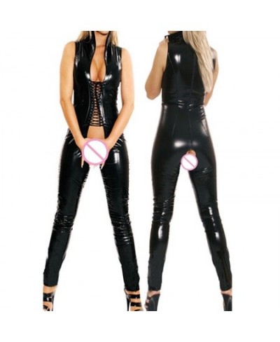 Sexy Black Sleeveless Jumpsuit Open Crotch Costumes Spandex Erotic Fetish Catsuit Latex Faux PVC Leather Jumpsuit Night $35.0...