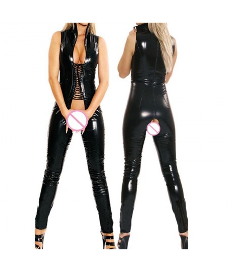 Sexy Black Sleeveless Jumpsuit Open Crotch Costumes Spandex Erotic Fetish Catsuit Latex Faux PVC Leather Jumpsuit Night $35.0...