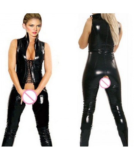 Sexy Black Sleeveless Jumpsuit Open Crotch Costumes Spandex Erotic Fetish Catsuit Latex Faux PVC Leather Jumpsuit Night $35.0...