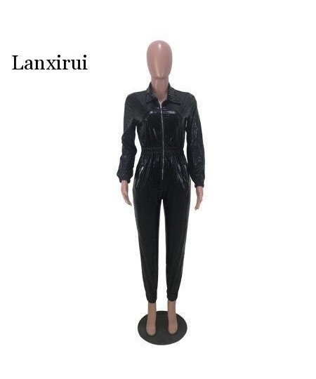 Sexy Long Sleeved Women Jumpsuit Open Crotch Leotard Bright Leather Tight-fitting Lapel Jumpsuit Zipper Bodysuit $58.76 - Jum...