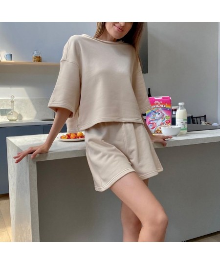 Summer 100% Cotton Sets Women Casual Two Pieces T Shirts and Elastic Waist Shorts Pants Loose Soft Rose Red Tracksuit $59.90 ...