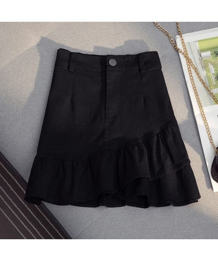 2022 New Summer Women's Korean Fashion Denim All-Match High Waist Slim Sexy Girl Mini Lotus Leaf Skirt $31.91 - Skirts