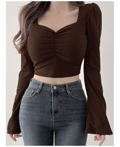 Korean Fashion Crop Top Women Spring Summer Flare Sleeve Square Collar T-shirt Solid Color All-match Pleated Tops Tees $25.98...