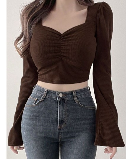 Korean Fashion Crop Top Women Spring Summer Flare Sleeve Square Collar T-shirt Solid Color All-match Pleated Tops Tees $25.98...