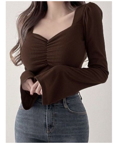 Korean Fashion Crop Top Women Spring Summer Flare Sleeve Square Collar T-shirt Solid Color All-match Pleated Tops Tees $25.98...