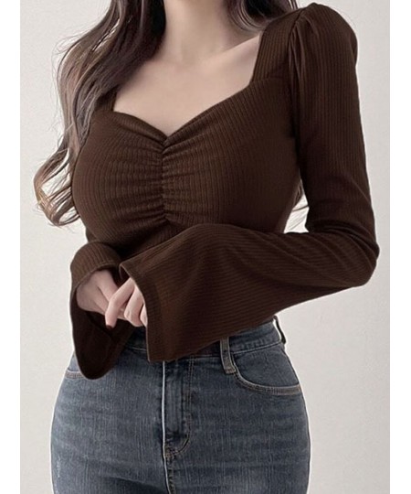 Korean Fashion Crop Top Women Spring Summer Flare Sleeve Square Collar T-shirt Solid Color All-match Pleated Tops Tees $25.98...