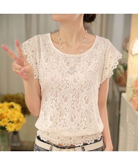 Summer Womens Blouse Shirt Short Sleeve Lace Chiffon Blouse Flare O Neck Embroidery White Shirts Female Casual Women Tops Sil...