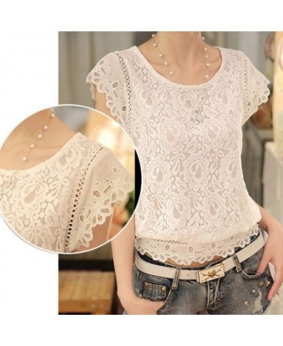 Summer Womens Blouse Shirt Short Sleeve Lace Chiffon Blouse Flare O Neck Embroidery White Shirts Female Casual Women Tops Sil...