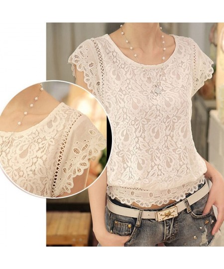 Summer Womens Blouse Shirt Short Sleeve Lace Chiffon Blouse Flare O Neck Embroidery White Shirts Female Casual Women Tops Sil...