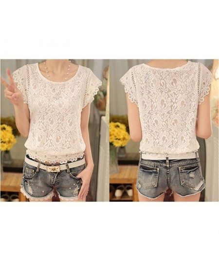 Summer Womens Blouse Shirt Short Sleeve Lace Chiffon Blouse Flare O Neck Embroidery White Shirts Female Casual Women Tops Sil...