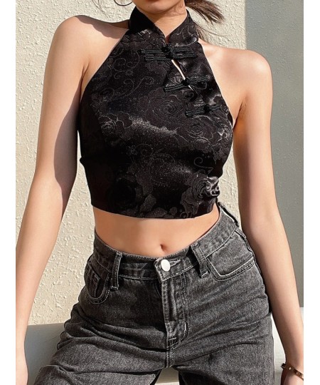 Chinese Style Elegant Jacquard Black Halter Top Backless Lace Up Bow Summer Tank Top Women Sexy Vest Gothic Crop Tops $27.43 ...