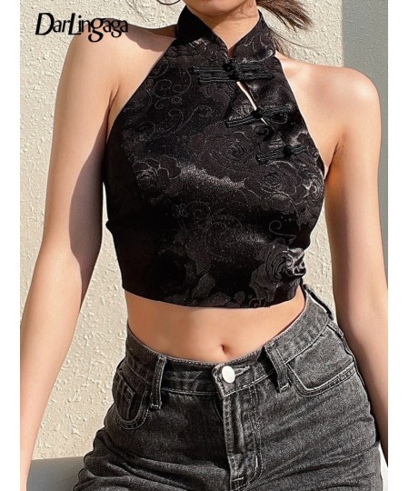 Chinese Style Elegant Jacquard Black Halter Top Backless Lace Up Bow Summer Tank Top Women Sexy Vest Gothic Crop Tops $27.43 ...