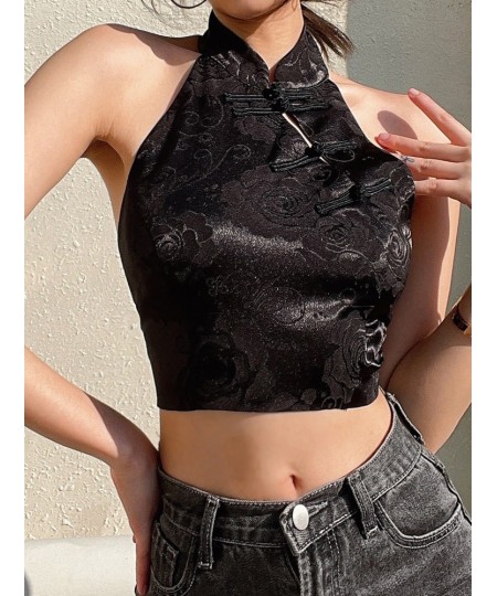 Chinese Style Elegant Jacquard Black Halter Top Backless Lace Up Bow Summer Tank Top Women Sexy Vest Gothic Crop Tops $27.43 ...