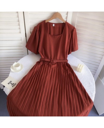 Vintage A-Line Dresses For Women Summer Puff Short Sleeve Square Collar Femme Vestido Pleated Korean Fashion Skinny Woman Dre...