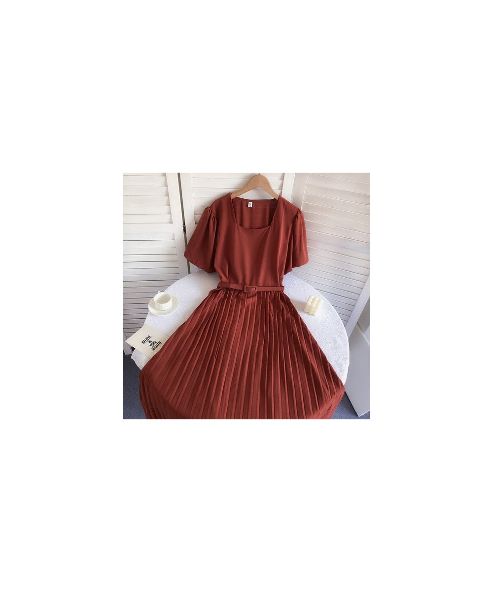 Vintage A-Line Dresses For Women Summer Puff Short Sleeve Square Collar Femme Vestido Pleated Korean Fashion Skinny Woman Dre...