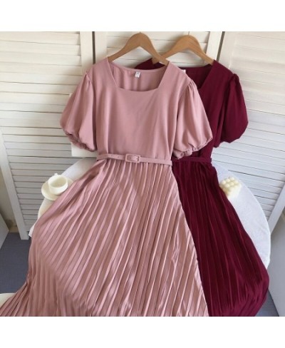 Vintage A-Line Dresses For Women Summer Puff Short Sleeve Square Collar Femme Vestido Pleated Korean Fashion Skinny Woman Dre...