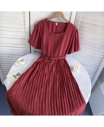 Vintage A-Line Dresses For Women Summer Puff Short Sleeve Square Collar Femme Vestido Pleated Korean Fashion Skinny Woman Dre...