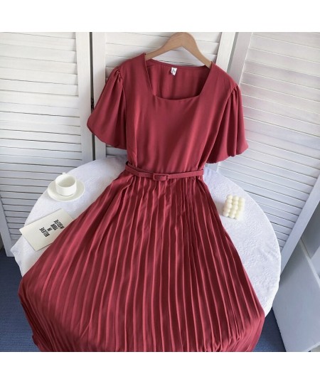 Vintage A-Line Dresses For Women Summer Puff Short Sleeve Square Collar Femme Vestido Pleated Korean Fashion Skinny Woman Dre...