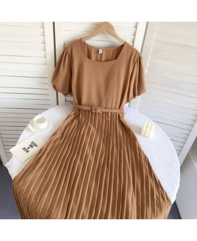 Vintage A-Line Dresses For Women Summer Puff Short Sleeve Square Collar Femme Vestido Pleated Korean Fashion Skinny Woman Dre...