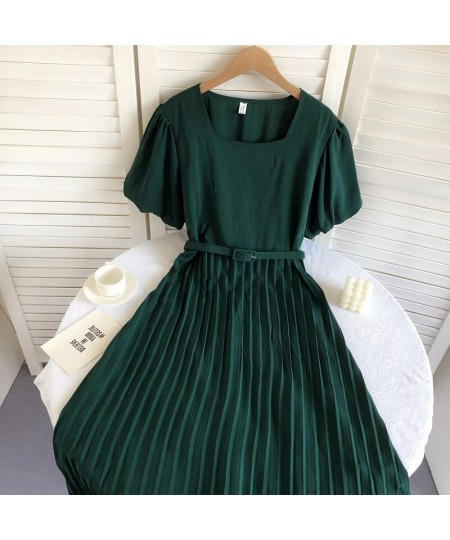 Vintage A-Line Dresses For Women Summer Puff Short Sleeve Square Collar Femme Vestido Pleated Korean Fashion Skinny Woman Dre...