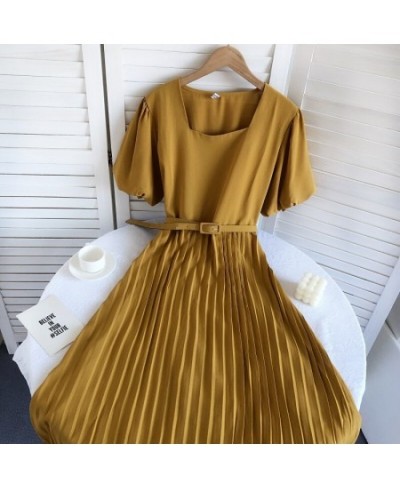 Vintage A-Line Dresses For Women Summer Puff Short Sleeve Square Collar Femme Vestido Pleated Korean Fashion Skinny Woman Dre...