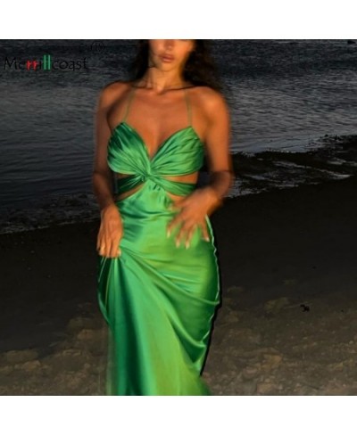 Beach Satin Maxi Dress High Quality Green Long Ladies Dresses Pink Sexy Backless Strap Bandage Off Shoulder Tank Jurk 2022 Ne...