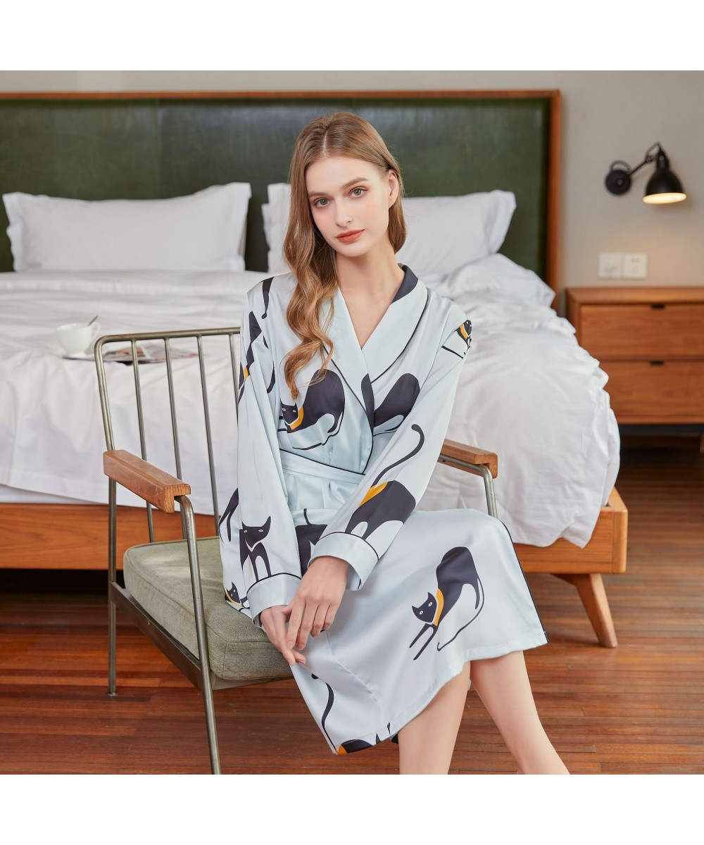 Ladies Cool Smooth Silk Imitation Silk Gown Lace-up Print Bathrobe European American Fashion High-quality Soft Nightwear Dres...