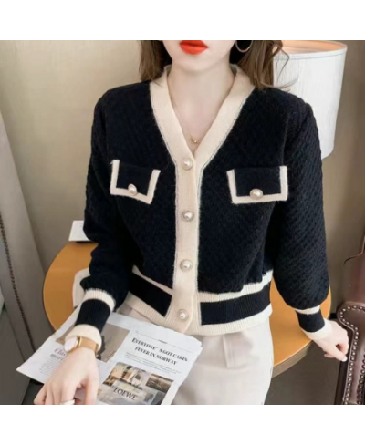 Autumn And Winter Color-blocking Knitted Top Women Cardigan Long-sleeved V-neck Short 2023 New Coat Fashion All-match Top $49...