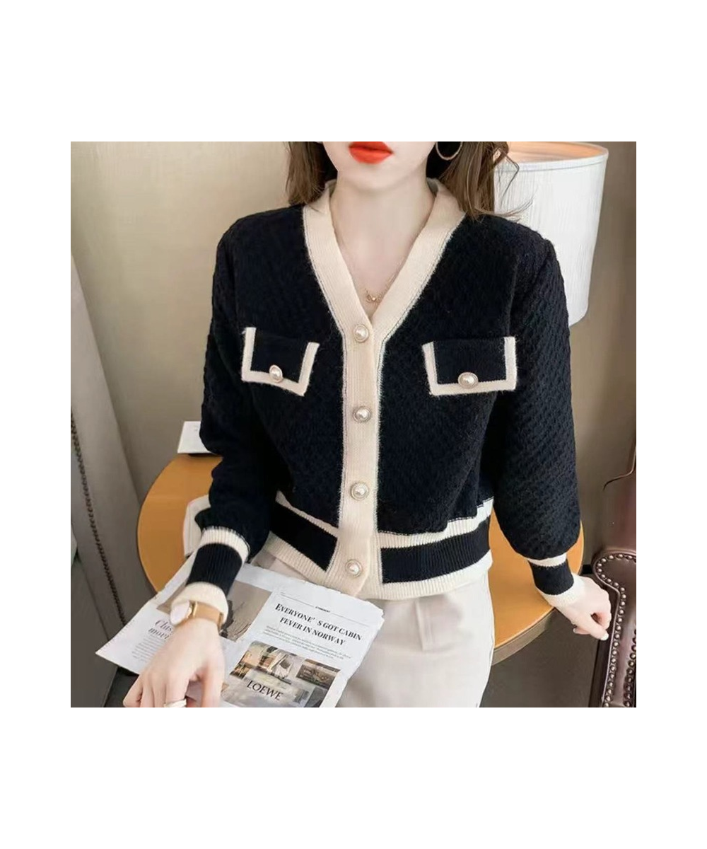 Autumn And Winter Color-blocking Knitted Top Women Cardigan Long-sleeved V-neck Short 2023 New Coat Fashion All-match Top $49...