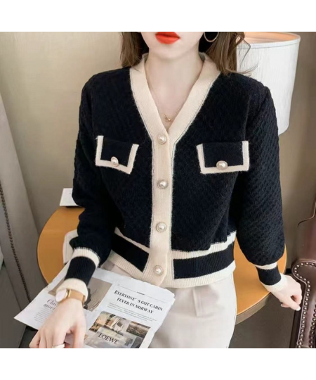 Autumn And Winter Color-blocking Knitted Top Women Cardigan Long-sleeved V-neck Short 2023 New Coat Fashion All-match Top $49...