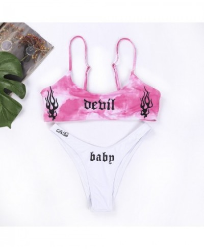 2 Pieces Swimwear Sets Women Sexy Goth Punk Tie-Dyed Letter Print U-Neck Short Camisole+ Bikini Panties Swimsuits for Summer ...