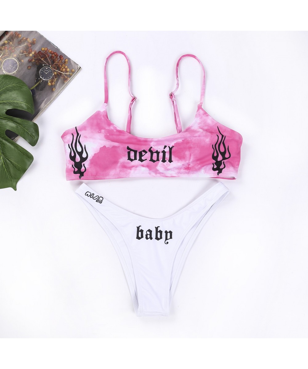 2 Pieces Swimwear Sets Women Sexy Goth Punk Tie-Dyed Letter Print U-Neck Short Camisole+ Bikini Panties Swimsuits for Summer ...